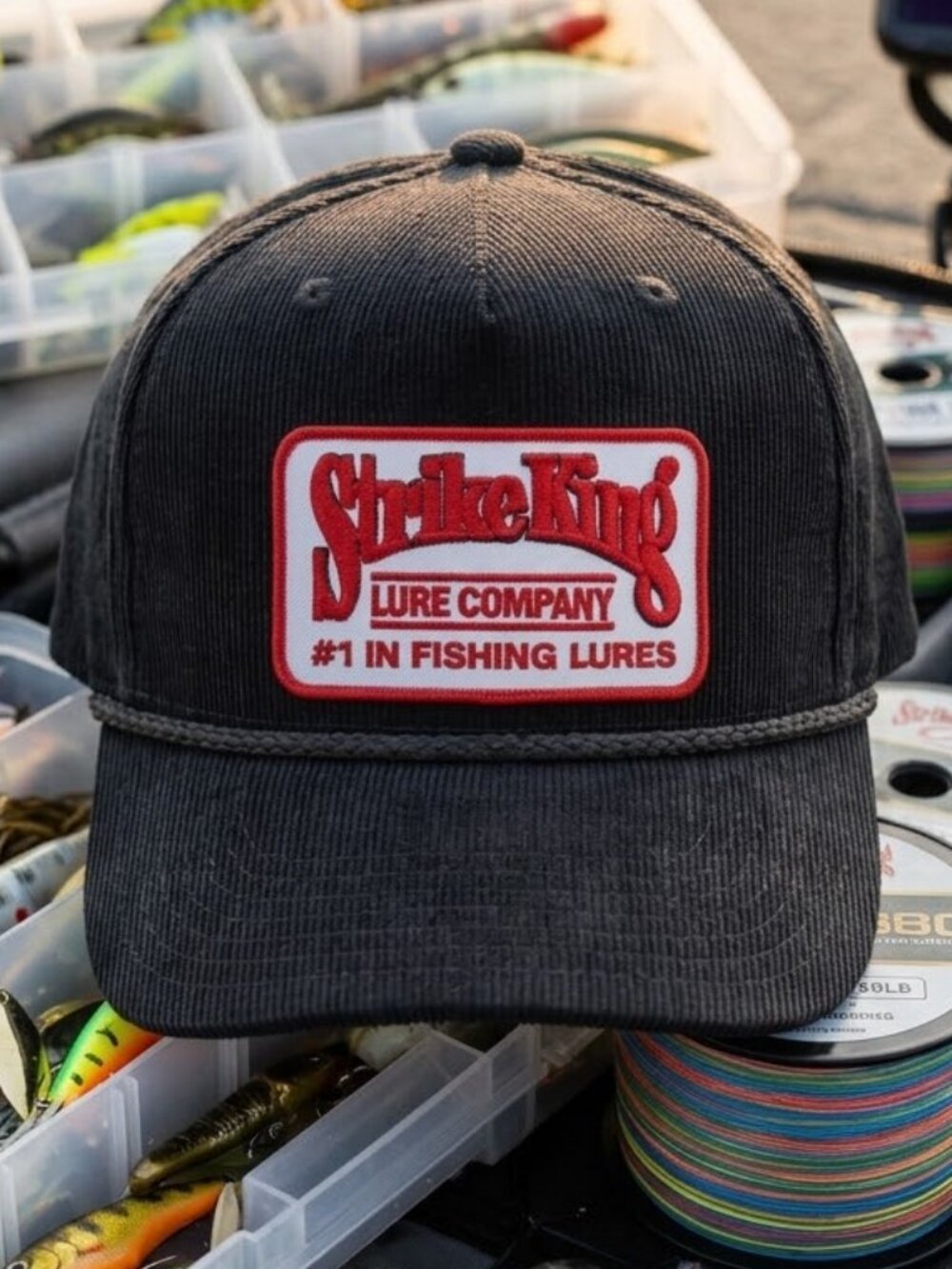 Retro Strike King Hat Fishing Patch Black Corduroy Rope Snapback Cap USA New 80s